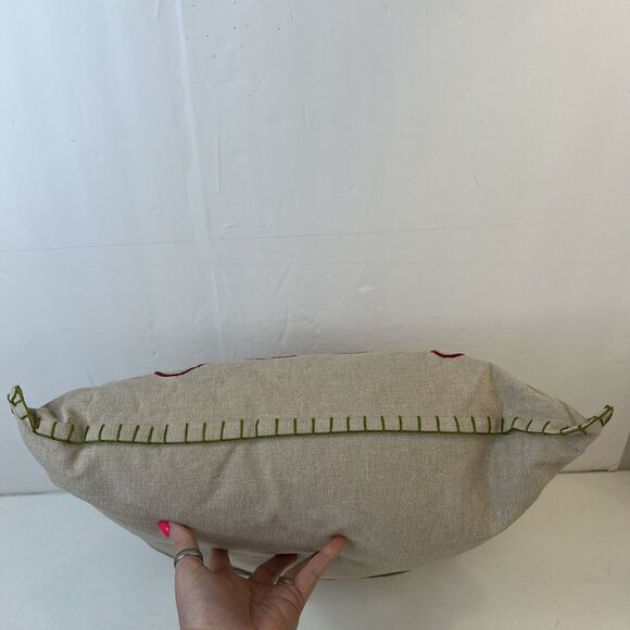 Holly Jolly Christmas Cotton Throw Toss Pillow Embroidered Khaki Green Crimson - Picture 4 of 9